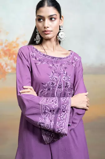 Purple embroidered mulmul kurta set