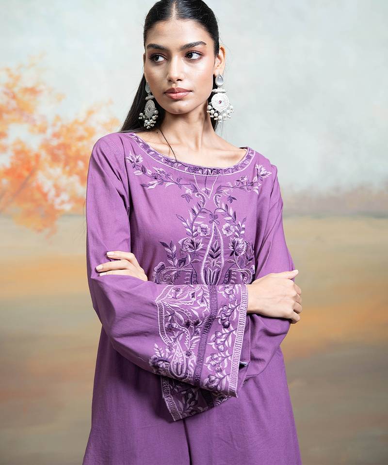 Purple embroidered mulmul kurta set
