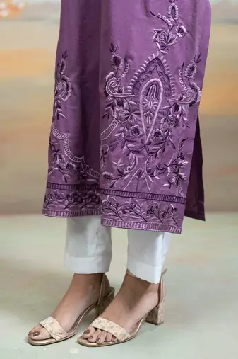 Purple embroidered mulmul kurta set