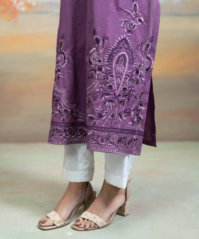 Purple embroidered mulmul kurta set