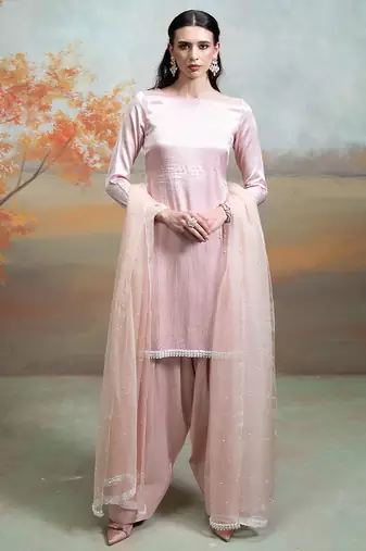 Pastel pink embroidered ganghi silk kurta set
