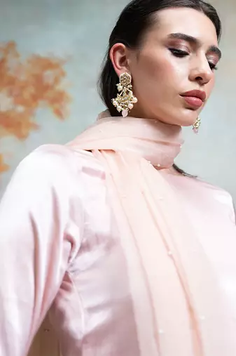 Pastel pink embroidered ganghi silk kurta set
