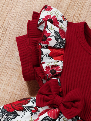 Red floral ribbed bow fit & flare girls dress 3