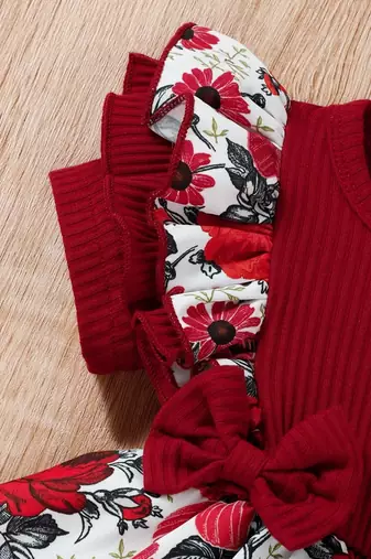 Red floral ribbed bow fit & flare girls dress