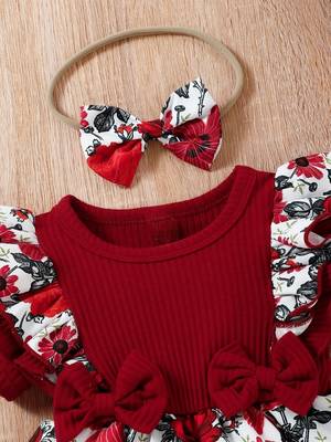 Red floral ribbed bow fit & flare girls dress 4