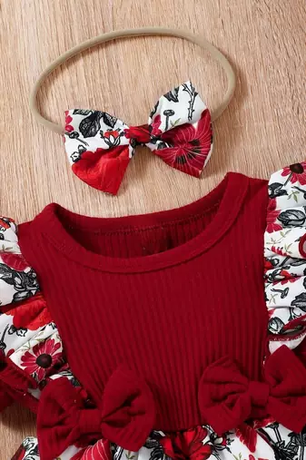 Red floral ribbed bow fit & flare girls dress