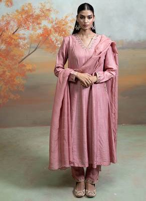 Old rose pink embroidered raw silk anarkali set 1