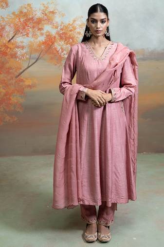 Old rose pink embroidered raw silk anarkali set