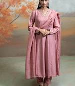 Old rose pink embroidered raw silk anarkali set