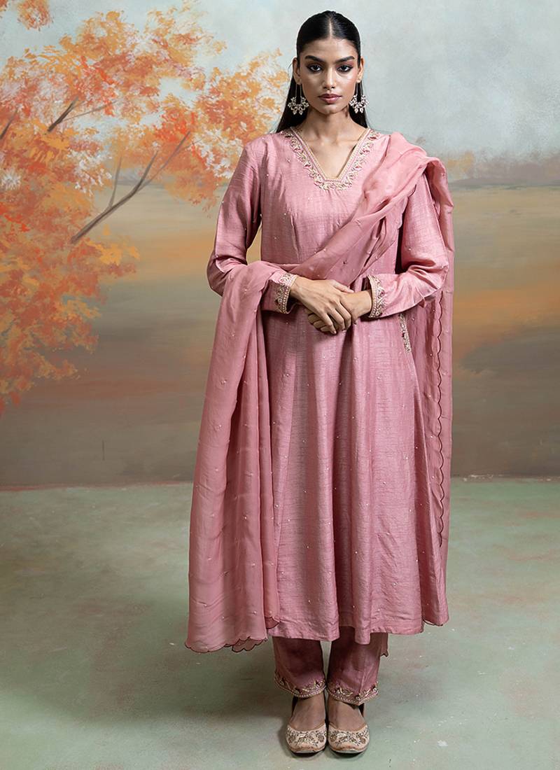 Old rose pink embroidered raw silk anarkali set