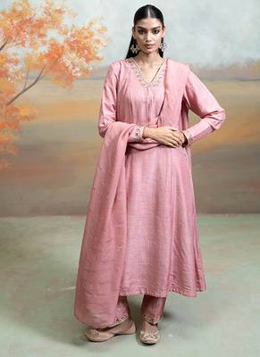 Old rose pink embroidered raw silk anarkali set 2