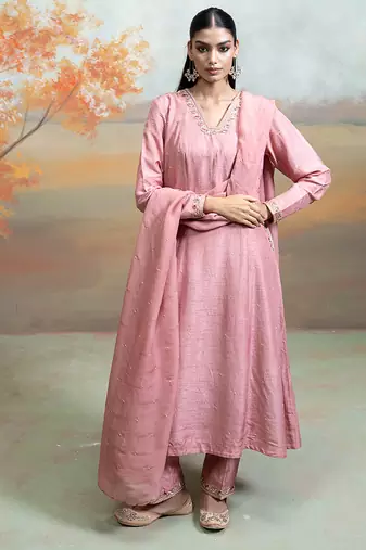 Old rose pink embroidered raw silk anarkali set