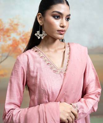 Old rose pink embroidered raw silk anarkali set 3