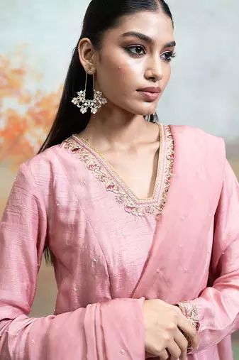 Old rose pink embroidered raw silk anarkali set