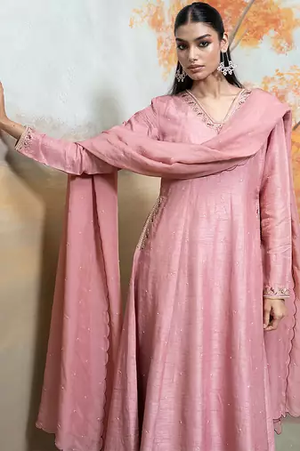 Old rose pink embroidered raw silk anarkali set