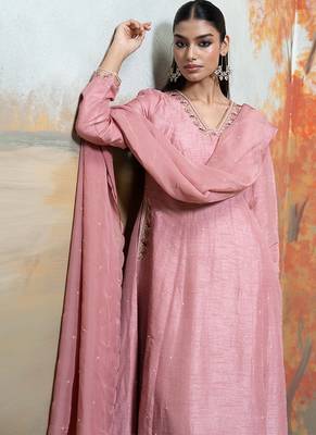 Old rose pink embroidered raw silk anarkali set 5
