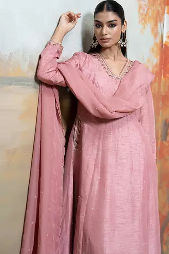 Old rose pink embroidered raw silk anarkali set