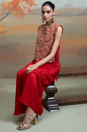 Crimson red embroidered silk co ord set