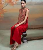 Crimson red embroidered silk co ord set