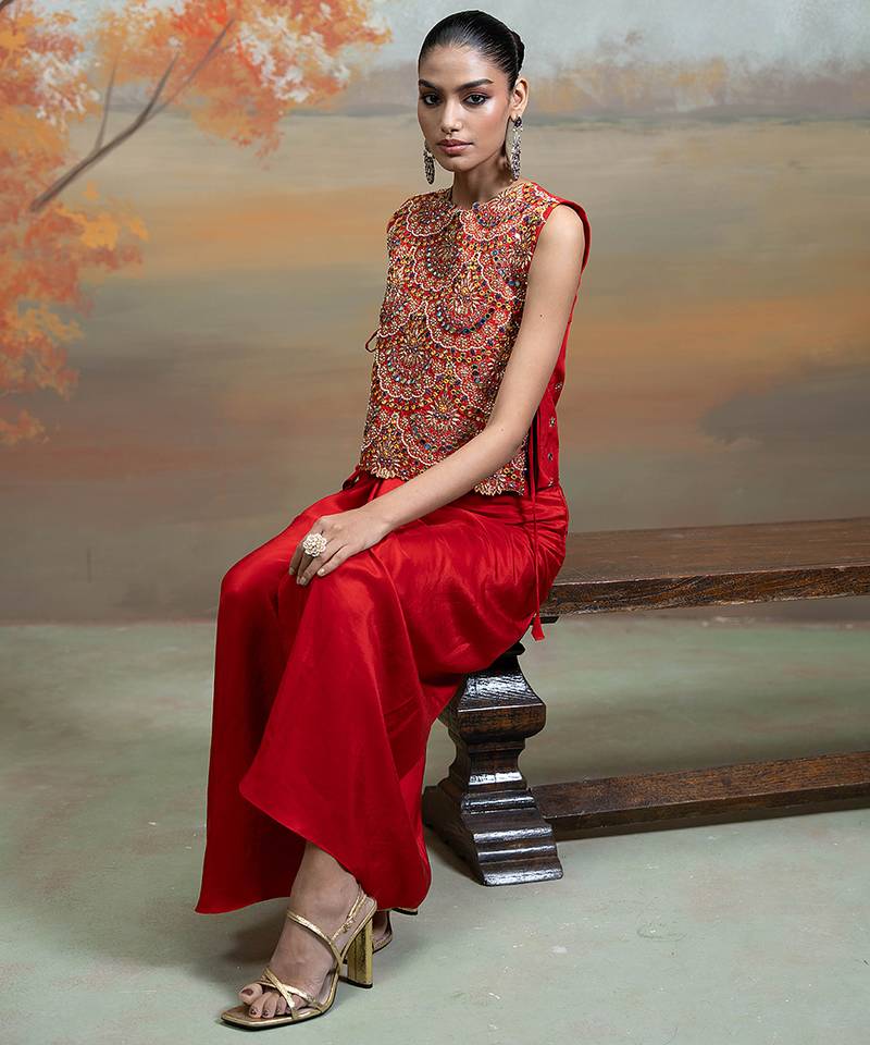 Crimson red embroidered silk co ord set