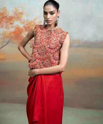 Crimson red embroidered silk co ord set 2