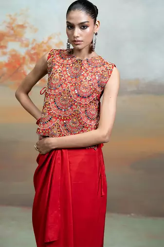 Crimson red embroidered silk co ord set