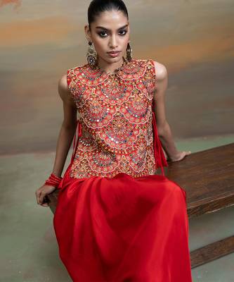 Crimson red embroidered silk co ord set 3
