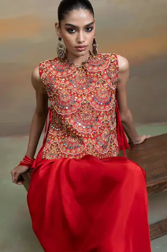 Crimson red embroidered silk co ord set