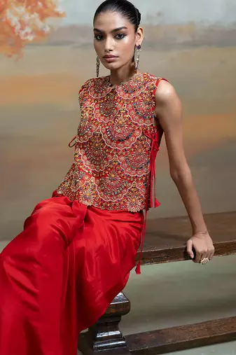 Crimson red embroidered silk co ord set