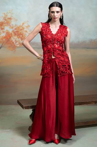 Rich red embroidered organza co ord set