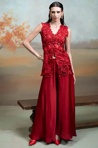 Rich red embroidered organza co ord set