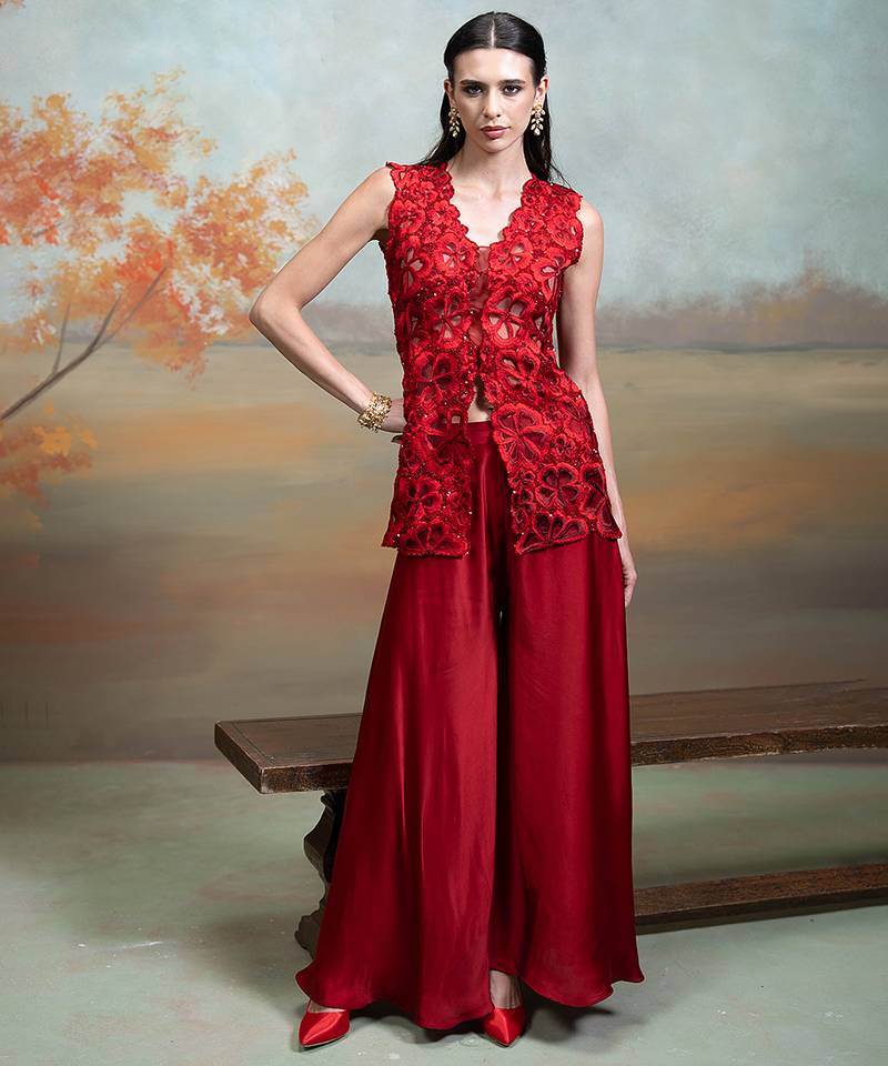 Rich red embroidered organza co ord set