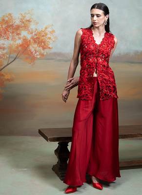Rich red embroidered organza co ord set 2