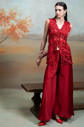 Rich red embroidered organza co ord set