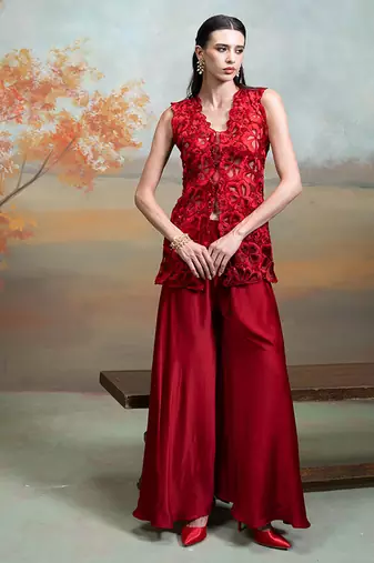 Rich red embroidered organza co ord set