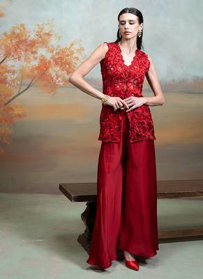 Rich red embroidered organza co ord set 4