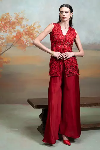 Rich red embroidered organza co ord set