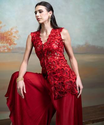 Rich red embroidered organza co ord set 5