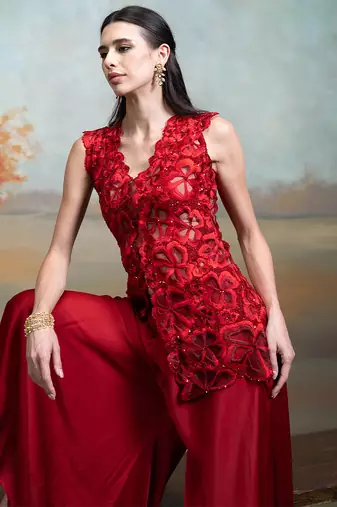 Rich red embroidered organza co ord set