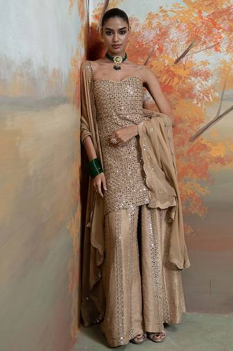 Beige gold embroidered raw silk kurta set