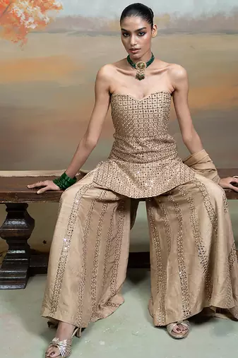 Beige gold embroidered raw silk kurta set