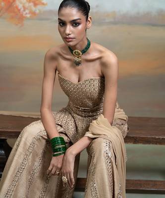 Beige gold embroidered raw silk kurta set 3