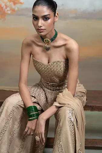 Beige gold embroidered raw silk kurta set