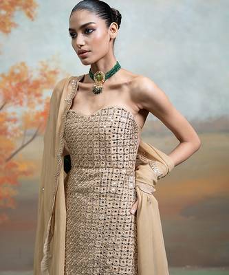 Beige gold embroidered raw silk kurta set 4