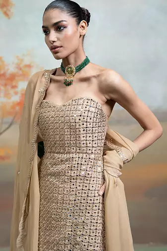 Beige gold embroidered raw silk kurta set