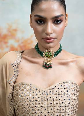 Beige gold embroidered raw silk kurta set 5