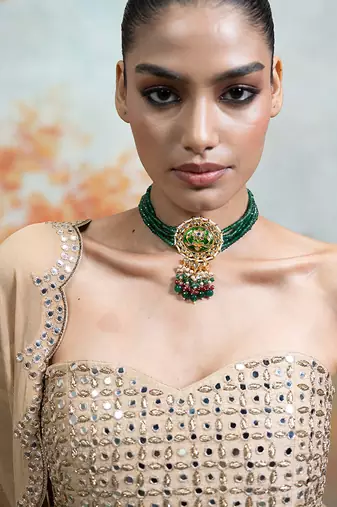 Beige gold embroidered raw silk kurta set