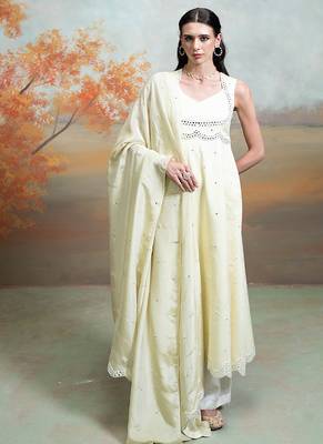 Butter yellow embroidered raw silk anarkali set 1
