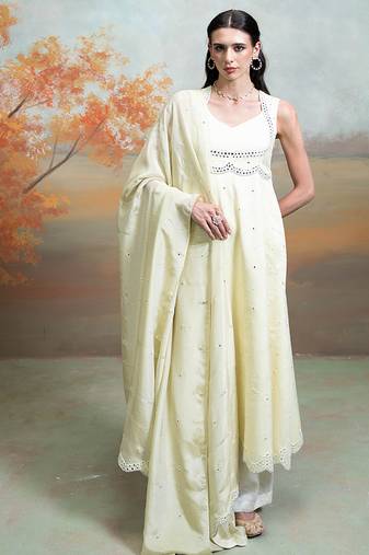 Butter yellow embroidered raw silk anarkali set