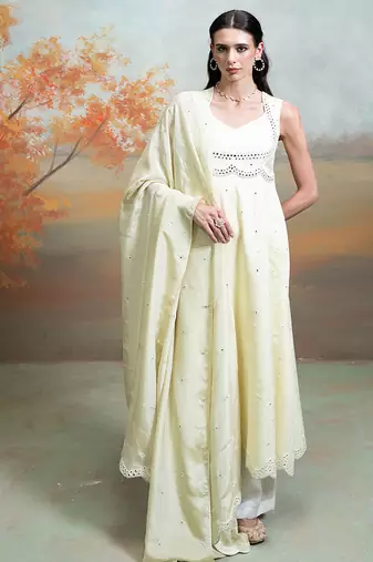Butter yellow embroidered raw silk anarkali set